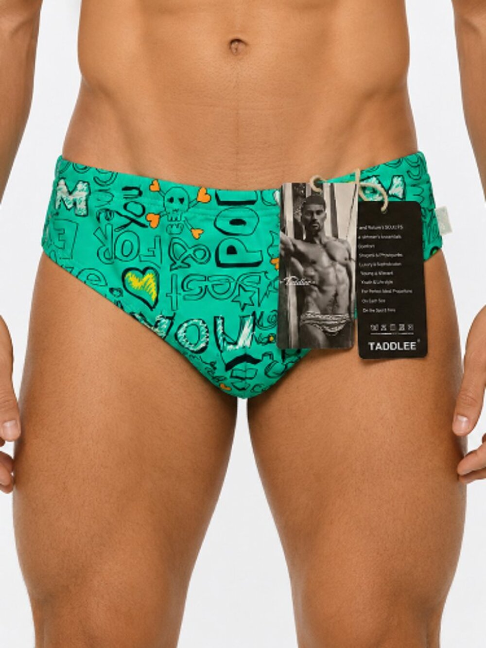 NWT TADDLEE Men's Swim Briefs – Size S – Teal Graffiti Print Drawstring Swimsuit